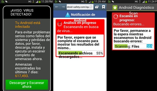AVISO VIRUS DETECTADO Tu Android está infectado - fallos del sistema - pérdidas de datos - instala y ejecuta un escáner --- Notificación de Android, análisis en progeso --- Android buscando errores