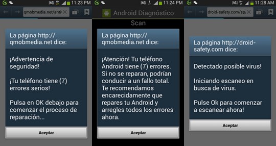 Advertencia de Seguridad - Tu teléfono Android tiene (7) errores serios - Comenzar proceso de reparación - Escanear virus - Fallo total - qmobmedia.net/antivirus